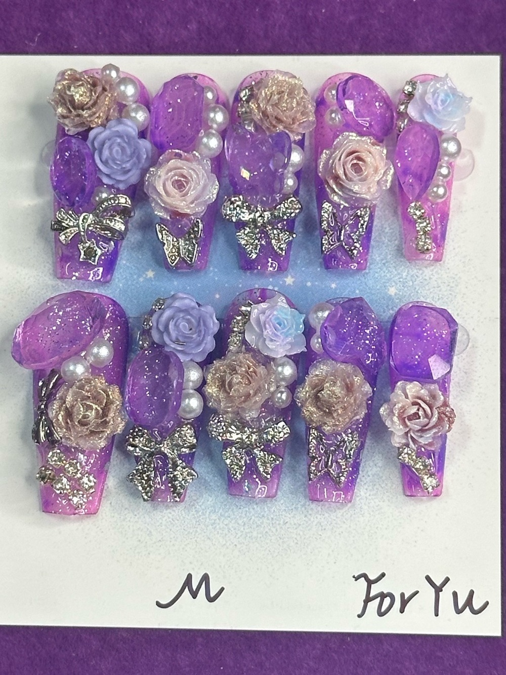 rose bow coffin press-on nail set, size M 🐥